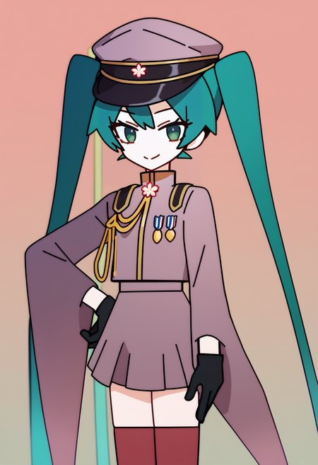 score_9, score_7_up, <break> simple background, solo, 1girl, senbonzakuramiku, smile, looking at you, standing, hand on own hip, green hair, twintails, peaked cap, green eyes, military uniform, red jacket, medal, long sleeves, wide sleeves, black gloves, half gloves, red skirt, red thighhighs
 <segment:yolo-face_yolov8m.pt,0.4,0.5//cid=1>