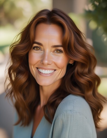 A striking portrait of a woman with shoulder-length, wavy auburn hair, her deep-set brown eyes reflecting a quiet strength, and a gentle, serene smile. <lora:usual-portrait-v2:1>