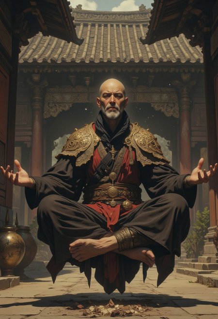 By Phandigrams, close-up digital portrait of 20-year old mystic Asian bald monk meditating with eyes closed magically levitating sitting 1 foot off the ground in the air, monastery background, high action pose, perfect pupils, insanely detailed faces, correct digits, realistic skin, intricately detailed, perfect expressive eyes, perfect pupils, Stunning visuals, Texture, beautiful face features, dynamic, MurphFSF