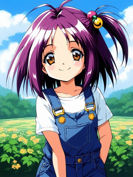 score_9, score_8_up, score_7_up, source_anime, rating_explicit, BREAK  <lora:Kotobuki_Miyuki_XL:0.9> Kotobuki_Miyuki, purple hair, brown eyes, short hair, chibi,
 1girl, solo, overalls, hair ornament, hair bobbles, plaid, one side up, shirt, smile, 
outdoor, sky,