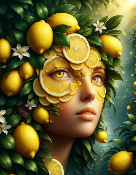 (masterpiece:1.2), (best quality:1.2), highly detailed, realistic texture, sharp details, extremely delicate and beautiful, realistic cg 8k wallpaper
(wl_lemons:1.5), Golden-eyed oracle seeing beyond time, (made of lemon slices:1.3), dream-like, whimsical, cute, A lush jungle filled with towering plants and flowers that reach toward the sky, their colors vivid and bright against the dim, shadowed undergrowth.,  citrus blossoms, refreshing and magical atmosphere, a surreal citrus paradise
<lora:When_Life_Gives_You_Lemons:1>  <lora:add-detail-xl:3>