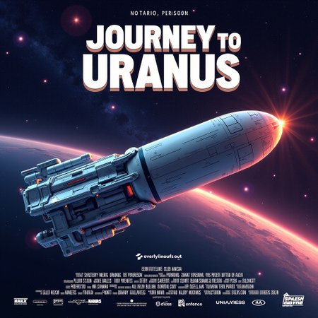 picture of a movie poster,
Title: Journey to Uranus, in 
Background: A vast deep space, dotted with sparkling stars that create a mysterious and adventurous atmosphere.
Foreground: A long and thick cigar-shaped spaceship. The ship features futuristic details and vibrant colors.
Background: The planet Uranus that playfully resembles a buttocks without being vulgar, with a clearly visible black crater that almost seems like a distinctive feature, enhancing the film's light-hearted tone.
Bottom: A list of the film’s production companies, stylized and clearly visible.