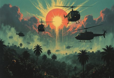 A surreal and eerie atmosphere engulfs the scene as numerous military helicopters hover like ghostly sentinels against a twisted, dreamlike sky. The view is tilted at a dramatic Dutch angle, heightening the unease, with a chaotic diagonal composition that makes the helicopters appear as if they are piercing through an unstable reality. Their dark, distorted silhouettes slice through the swirling hues of the sky, some appearing frozen in time, others warped as if dissolving into the void.The sky is a chaotic blend of unnatural colors—deep cyan and violet clouds slash through a burning, toxic gold and crimson glow, creating a disorienting visual storm. The sun, a warped, pulsating mass of hot energy, radiates an overwhelming intensity, its glow smearing across the sky like an overexposed nightmare.Below, the jungle sprawls in chaotic asymmetry, its palm trees bent at unnatural angles, barely visible through the creeping mist that coils around the earth like ghostly tendrils. The dense foliage is bathed in eerie, flickering shades of green and teal, while deep shadows shift unnaturally, stretching and warping. Smoke and dust rise in spectral wisps, carrying unseen whispers through the oppressive air.Light particles shimmer in the choking haze, erratic and unpredictable, like lost souls searching for an escape. A presence lingers—an unseen force lurking beneath the roar of distant rotor blades, as if reality itself is unraveling before the viewer's eyes.best quality, masterpiece