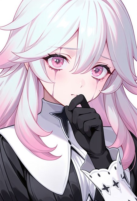 AMAZING QUALITY, MASTERPIECE, 1GIRL, CHIARA, WHITE HAIR, PINK HIGHLIGHTS, PINK EYES, DRESS, EYE STAINS, GLOVES, PORTRAIT