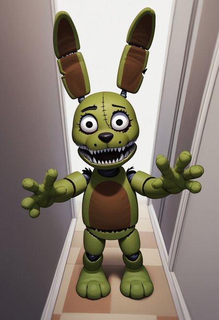score_9, score_8_up, score_7_up, solo male, from above, high-angle view, pov, PlushtrapFNAF, rabbit ears, scut tail, teeth, sharp teeth, wear and tear, green skin, petite, barefoot, 4 fingers, perfect hands, (large head:1.1), shortstack, small body, sharp teeth, fuzzy, plush body, seam \(sewing\), stitch \(sewing\), animatronic, glowing eyes, crooked whiskers, ragged, withered, 
masterpiece, detailed face, looking at viewer, smile, open mouth, nervous, knock-kneed, cocked head, zPDXL3, dark hallway, inside, nighttime, raised arms, hands up, reaching towards viewer, hallway, carpet, chair, standing, living plushie, shadowy, detailed background, 3 toes, dutch angle,