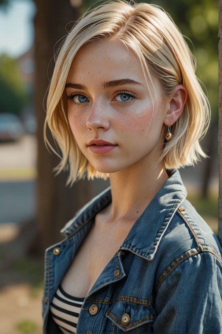 Stable_Yogis_PDXL_Positives  (zPDXL3), (zPDXLxxx), 1girl, solo, android_18, cyborgc18dbz, blonde hair, blue eyes, short hair, earrings, striped sleeves, skirt, denim jacket, black shirt, bust up, side view