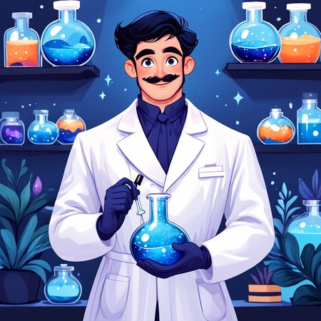 Score_9, score_8_up, score_7_up, score_6_up, BREAK  <lora:Flat_Cartoon_IllustrationPony:1> ArsMJStyle, Flat Cartoon Illustration, The image shows a man in a lab coat holding a beaker filled with blue liquid surrounded by plants and stars in a blue background., solo, 1boy, male focus, black hair, gloves, mustache, short hair, facial hair, long sleeves, smile