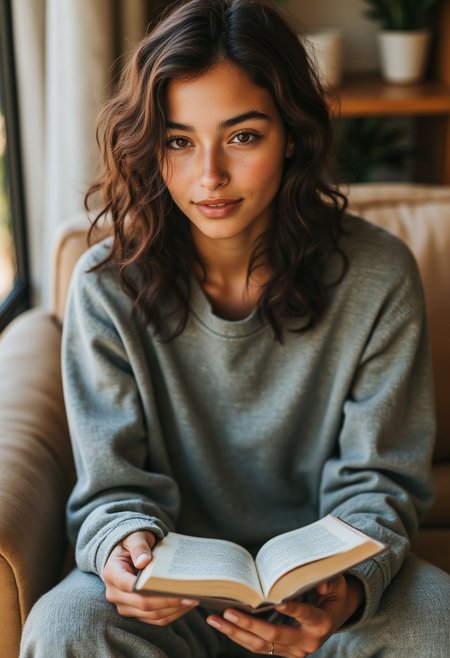 FictionalEsmeralda, tanned skin, shoulder length hair, brown hair, brown eyes, freckles.
Sitting on the couch in a grey sweater and baggy grey sweatpants with white socks. Reading a book. Concentrated look