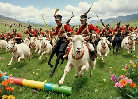 cinematic movie scene, a military battle with cavalry men on goats charging across a lush green landscape with green grass and colorful flowers, holding pool noodles
 <lora:Napoleonic_Battle_SDXL:0.8>