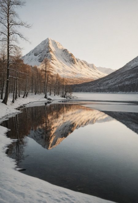 Polaroid photo, landscape, still waters perfectly reflecting a snowy mountain, sunny, golden hour, frozen lake, trees, Sweden, Norway, Denmark <lora:Polaroid:0.3> <lora:RMSDXL_Enhance:3>