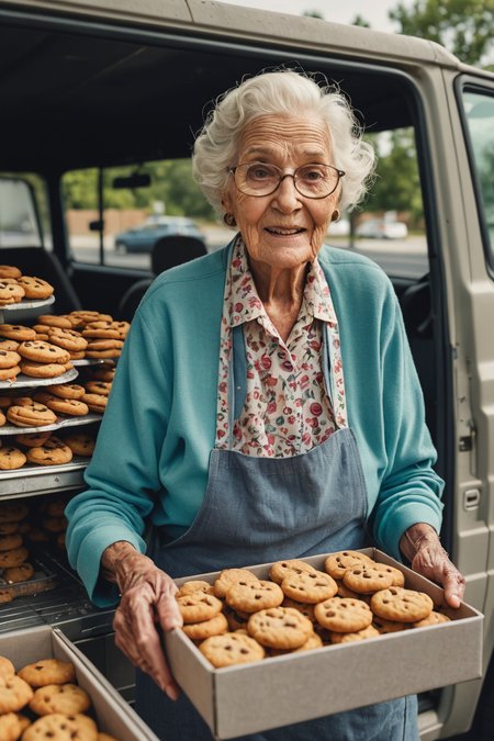 a beautiful high definition crisp portrait of old lady selling cookies from a truck in a suburban area,taken with a professional grade camera with exquisite color grading