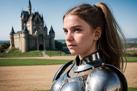 an up angle photo portrait of a girl, (medieval armor), metal reflections, outdoors, contrasting side sunlight, far away castle, eye contact, bokeh, blurry background, crest on chest