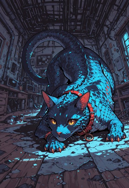 score_9, score_8_up, score_7_up, masterpiece, best quality, very aesthetic, (dynamic:1.1), thick linework, covered in scales, scales, (cat:1.1), livingroom, sunny, warm, collar,