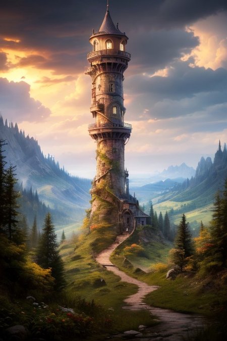 realistic analog photo, award winning photo, vary wide shot of magic stone witow tower:1.3, (Military watchtower), scenery,  fantasy, hills, dirt road, nature, outdoors, RAW, highres, 8k, uhd, High Dynamic Range, tonemapping, crisp details,