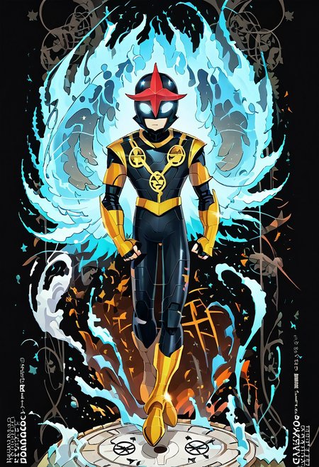 score_9, score_8_up, score_7_up, dynamic pose, full body shot, full body, source_anime, masterpiece, best quality, 1boy, Nova, Helmet, Glowing Eyes, No Pupils, Black Bodysuit, Gold Pauldrons, Gold Bracers, Gold Belt, Gold Boots . easynegative, ng_deepnegative_v1_75t, negative_hand, verybadimagenegative_v1.3, dark, chiaroscuro, low-key, pam-flwr, dark, chiaroscuro, low-key,  easynegative, Expressiveh, thick outline, white outline