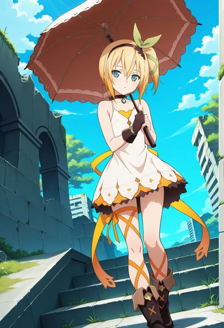 detailed eyes, beautiful, detailed background, perfect eyes,
source_anime, very aesthetic, anime coloring,
<lora:HandFineTuning_XL:1>
BREAK,
outdoor, ruins, trees. stairs,
cowboy shot, flat chest, 
dynamic angle, full body,
BREAK,
<lora:edna_illustrious_v01:0.9>
ednabase, short hair, blonde hair, multicolored hair, orange hair, blue eyes, hair between eyes, bow hairband, hair bow, hair ribbon, side ponytail,
white dress, sleeveless dress, single glove,
boots, leg ribbon, umbrella,