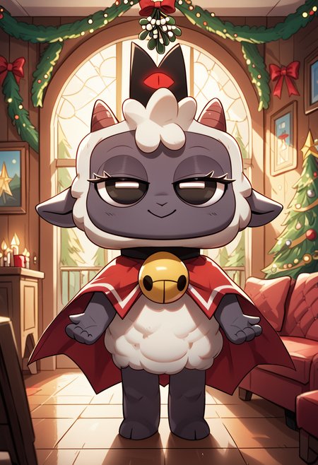score_9, score_8_up, score_8,  <lora:Lamb_Cult_of_The_Lamb_for_PonyXL:0.8>  furry, l4mb, lamb, horns, neck bell, cape, indoors, living room, party, half-lidded eyes, mistletoe, solo,