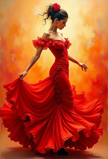 A dynamic portrait of a flamenco dancer, her red dress swirling in an explosion of crimson, orange, and gold. The impasto painting style emphasizes the texture of the fabric and the dancer’s movement. Influenced by the passionate works of Joaquín Sorolla and John Singer Sargent.