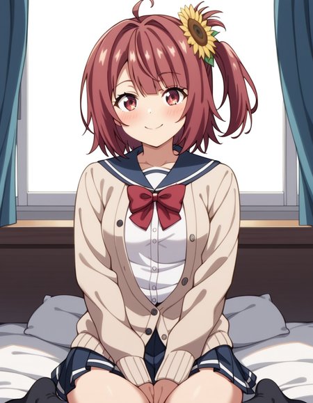 score_9, score_8_up, score_7_up, source_anime, uncensored, <lora:StS_detail_slider_v1:3>, zPDXLxxx, <lora:Aoi_Hinata_PONYXL_VexVexX:1>, AoiHinata, 1girl, red eyes, red hair, short hair, one side up, ahoge, hair ornament, hair flower, sunflower hair ornament, small breasts, school uniform, serafuku, pleated skirt, cardigan, red bow, cowboy shot, bedroom, from front, Kneeling on both knees with legs together, torso upright with arms crossed over chest, thighs, looking at viewer, smile