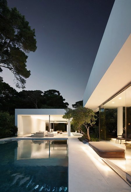 A modern two-story house with an outdoor pool, surrounded by trees and greenery by the ocean, dark gradient sky, . The white exterior walls complement the natural surroundings. Inside is a luxurious interior design with sleek lines and minimalist furniture, diffused light, striking details,  A large window overlooking nature creates a sense of tranquility in the living spaces. At night, the lights from inside create a warm ambiance outside. Modern architectural concept, 3D rendering, architectural renderings, high resolution.