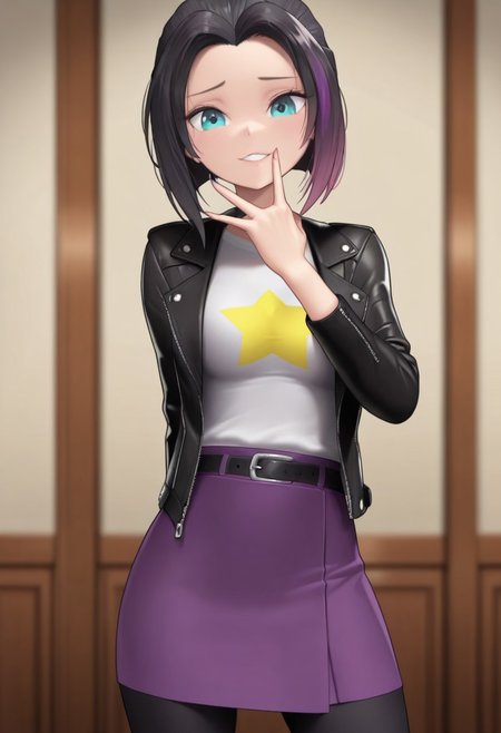 masterpiece, good quality, best quality, dynamic view, original style, screencap,
Zoe, blue eyes, black hair, purple tips, black leather jacket, white shirt, star shirt, purple skirt, black leggings, medium breast,
(solo, seducing, sexy pose, dynamic pose, looking at viewer, cowboy shot)