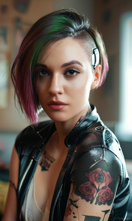 score_9, score_8_up, score_7_up, BREAK, zy_judy, 1girl, tattoo, short hair, multicolored hair, futuristic, wearing leather jacket, bedroom, portrait, realistic, photo, real hair, detailed skin, highly detailed, detailed skin, depth of field, film grain, <lora:zy_Judy_Alvarez_PonyRealism_v1:.7>