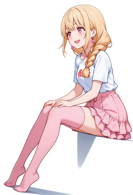 masterpiece,high quality details, absurdres,
 <lora:Yuriko:0.8>
yuriko_cnr, 1girl, blonde hair, long hair, single braid, pink eyes, mole, mole under eye,earrings,, simple background, white background, dutch angle,solo,, crazy smile,flustered,, 0w0,, sitting sideways,hands on thighs,standing on tiptoes,, t-shirt ,criss-cross halter,ruffled skirt, ,var-legwear,