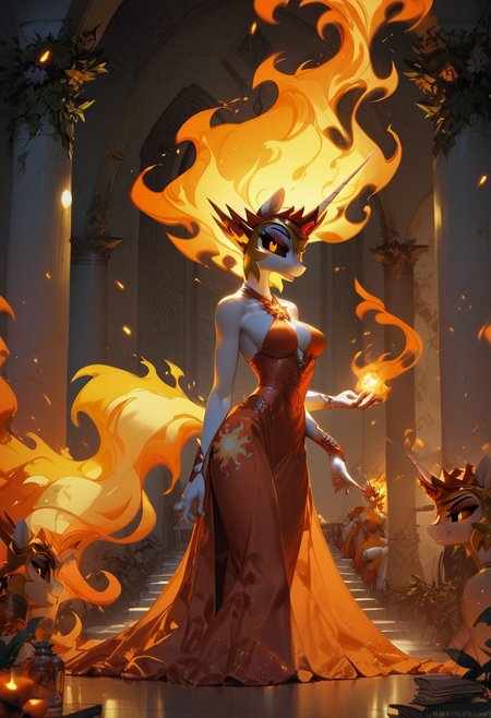 score_9, score_8_up, score_7_up, score_6_up, erotic group, 1girl,  Daybreaker \(mlp\),  (anthro pony:1.1), sexy regal  dress, sexually aroused, bedroom room, tail, big perky breasts, fire, fire aura