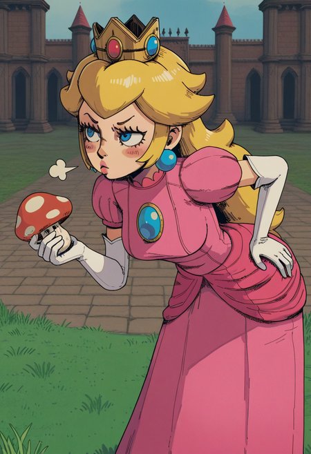 10P3Zstyle, masterpiece, best quality, solo,                                                                                            princess peach, pink dress, small blue eyes,  crown, leaning forward, hand on hip, pouting, holding a mushroom, palace kingdom background, grass,