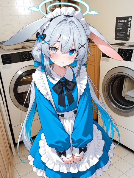 1girl, original, :<, animal ear fluff, animal ears, black bow, blue dress, blue eyes, blush, bow, closed mouth, collared dress, dress, grey hair, hair ornament, hairclip, indoors, long hair, long sleeves, photo background, puffy long sleeves, puffy sleeves, rabbit ears, single ear down, sleeves past wrists, solo, standing, sweat, washing machine, waist apron, hair between eye, twintails, looking at viewer, x hair ornament, frilled dress, low twintails, very long hair, maid headdress, tile floor, apron, tiles, halo, multicolored hair, blue hair, blue bow, heterochromia, frills, white apron, grey eyes, ear bow
,masterpiece,best quality,amazing quality,