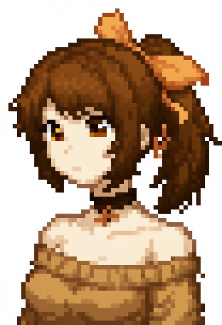 pixel, simple background, white background, 1girl, (solo:1.2), medium breasts, brown hair, ponytail, upper body, hair ribbon, choker, sweater, bare shoulders