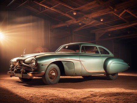 oldtimer car in a dusty barn, god rays, design by retrofutur5-400, studio lighting, volumetric lighting, 10mm, perfect composition
