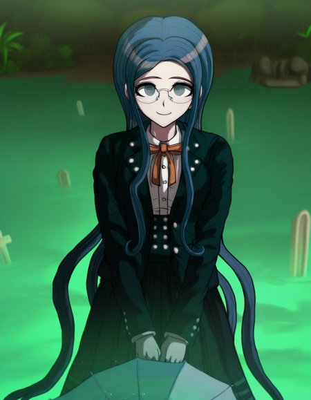 masterpiece, best quality, <lora:Tsumugi_Shirogane_Illustrious:1>, In the art style of Rui Komatsuzaki, artist: Rui Komatsuzaki,   This anime screencap is from Danganronpa the Animation. . Tsumugi Shirogane wearing her uniform from Danganronpa V3. Tsumugi Shirogane has knee-length dark teal-blue hair parted in the center which is straight and smooth at the base and gradually splits into waves near the tips. Her eyes are large, round, and are a soft teal-green color. Tsumugi wears round, rimless glasses with white temples. Tsumugi's Danganronpa V3 school uniform consists of a white blouse with an orange bow tied at her collar underneath a two-button, pocketed, teal-black school blazer adorned with two silver buttons on each lapel and a single button on each gorge. She wears a knee-length teal-black pleated skirt with two dark teal stripes lining the hem. Her legwear consists of dark navy knee-length socks and teal-gray loafers. On a Halloween-themed Jabberwock Island, Tsumugi Shirogane relaxes under a blue and white striped umbrella adorned with fake spiders. The palm trees are draped with orange fairy lights, and a spooky fog rolls in from the ocean. A small graveyard prop set occupies the foreground, complete with plastic tombstones and skeleton decorations.