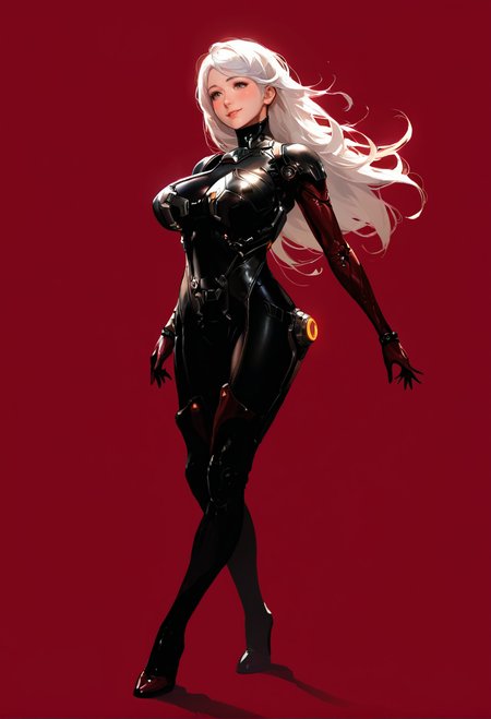 1girl,solo,red background,,ruanyi0868,bodysuit,science fiction,skin tight,
cuteg,white hair,long hair,high heels,standing,<lora:0868 Arasaka Agent suit_v1_pony:1>, score_9, score_8_up, score_7_up, score_6_up, score_9, score_8_up, score_7_up, score_6_up source_anime, blush, 1girl, seduce smile, perfect body , natural huge breasts