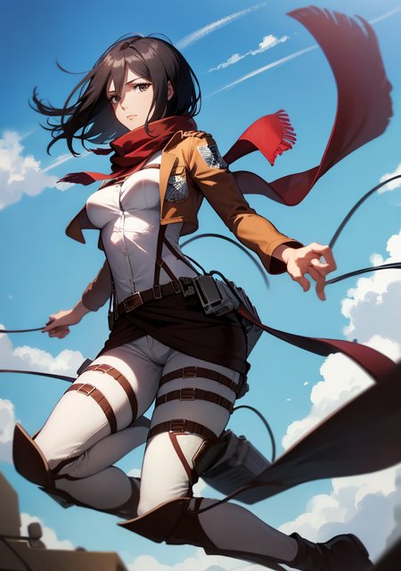 UHD, 64K, best quality, uncensored, wallpaper, ideal ratio body proportions, studio quality <lora:age_slider_v2:2> BREAK
(1girl, solo, sharp focus, jumping, from side, feet out of frame, volumetric lighting, summer, daytime), <lora:boldline:0.1> <lora:add_detail:0.2> <lora:Wasteland-10:0.3> (Wasteland, ruined, abandoned, broken objects, dirty) BREAK
<lora:mikasa_ackerman_v1:0.7> <lora:mikasa ackerman-lora-nochekaiser:0.5> (mikasa ackerman, hmmikasa, black hair, very short hair, black eyes, hair between eyes, small breasts, scarf, emblem, belt, thigh strap, red scarf, belt, brown jacket, dress shirt, jacket, open clothes, open jacket, pants, paradis military uniform, shirt, strap gap, thigh strap, three-dimensional maneuver gear, white pants, white shirt)