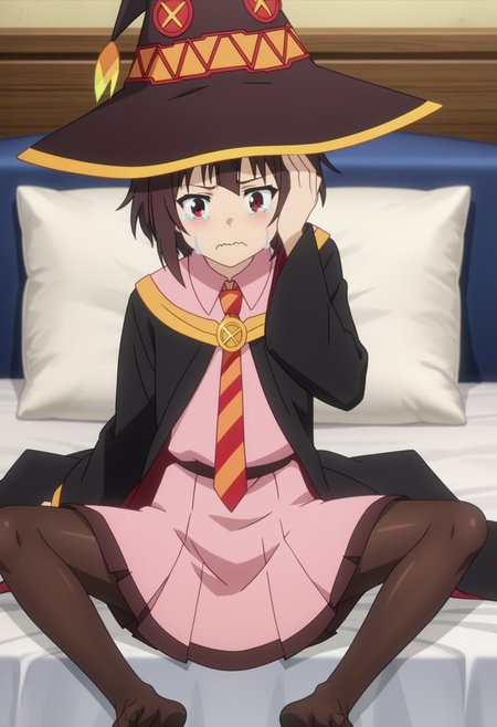 score_9, score_8_up, score_7_up, source_anime,
BREAK
1girl, solo, anime screencap, anime coloring, 
<lora:shiMeguminV1:1.0>, 
shimeguschool, academyuniform, short hair, brown hair, long sleeves, red eyes, pink dress, pleated skirt, black cape, witch hat, 
diagonal-striped necktie, 
looking at viewer, tears, crying with eyes open, frown, wavy mouth, spread legs, sitting, lying, soles, pantyhose, 
covering head, hand on own head, 
indoors, bed,