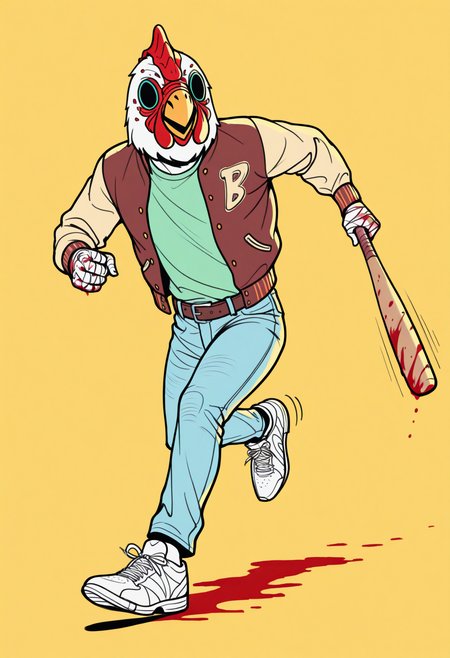 masterpiece, best quality, 1boy, solo, JacketHotlineMiami, mask, letterman jacket, green shirt, belt, jeans, open jacket, white sneakers, full body, sketch, lineart, motion lines, running, looking to the side, holding baseball bat, blood on baseball bat, bandaged hand, simple background, yellow background, limited palette, <lora:ChamJacketHMIllustriousXL:1>