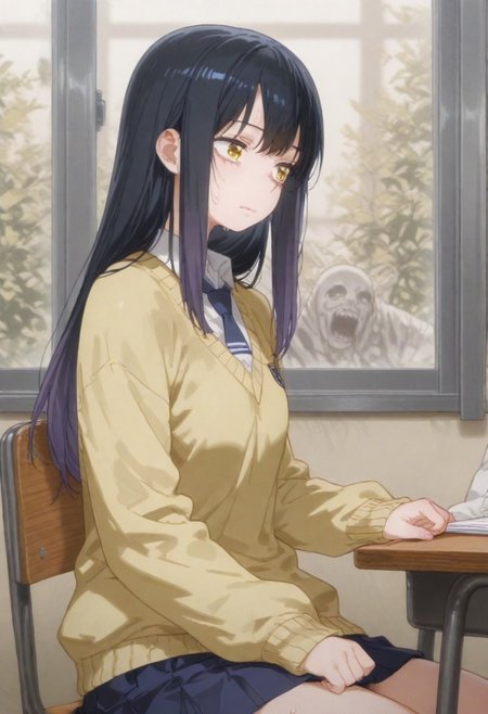 source_anime, high res image, masterpiece, best quality, absurdres, scenic, (ultra-detailed), absolutely eye-catching, very aesthetic, perfect composition, ultra detailed face, detailed eyes, 
very awa, nyalia,
1igrl, Yotsuya_Miko,
yellow eyes, black_hair, long_hair, gradient_hair, medium_breasts,
school_uniform, yellow_sweater, pleated_skirt, blue_skirt, blue_necktie, white_shirt,
<lora:provocation_illustrious_V1.0:1>,
school desk, chair, sitting, school uniform, shirt, skirt,
scary, worried, teary, tremble, afraid, sweat, nervous sweating,
side view,
ghosts, terrifying ghosts, ghosts outside the windows