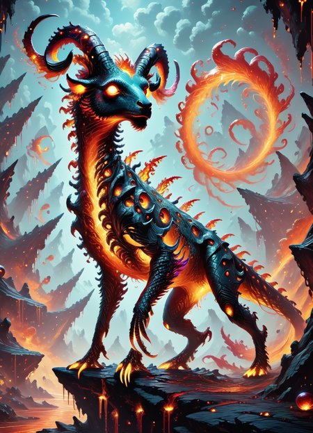 DonMF1r3y4by55XL, score_9, score_8_up, score_7_up, score_6_up,a organic volcanic nature quadrupedal  Ahuizotl,  crest,  short insectoid legs, curved horns    ,  rating_safe    <lora:DonMF1r3y4by55XL-pony:0.8>