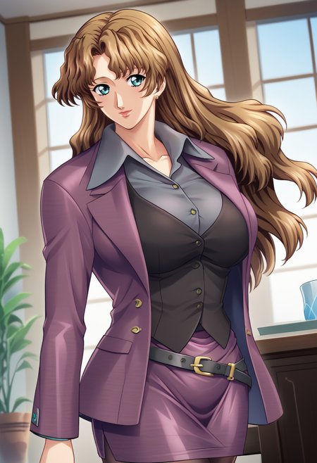 score_9, score_8_up, score_7_up, BREAK zeshiko,1girl,blue eyes,brown hair,long hair,wavy hair,large breasts,mature female,purple jacket,grey shirt,black vest,belt,purple skirt,pantyhose,braceletstanding indoors,smiling,<lora:ZeroshikiMak:1>