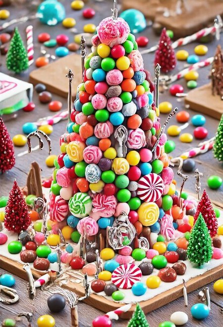 CHRC4ND7,  Candy Christmas cyberpunk city , candy robots, candy cyborgs, <lora:mrpcanrnet2:1> style of paint of mrp, mrph of a carnet mrpcanrnet2 with mrpdamier on (mrpvp), covered of mrpv,