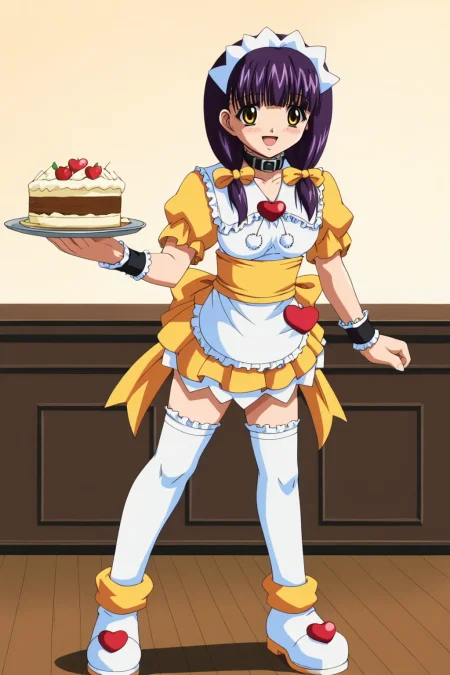 score_9, best, masterpiece, uncensored,
1girl, solo, smile, yellow clothing, yellow eyes, yellow hair ribbon, dark purple hair, black hair,
(ApprenticeFujiwaraMahiru:1.2), maid headdress, puffy short sleeves, waitress, pom pom (clothes), hair ribbon, frilled cuffs, frilled puffy short sleeves, frilled sailor collar with hearth brooch, sash with back ribbon, pleated miniskirt with white frills, white ankle boots with pink heart, frilled white thighhighs, white frilled waist apron, black belt collar with white frills,
<lora:FamiresSenshiPuddinApprenticeFujiwaraMahiru_V3:0.8> <lora:FamiresSenshiPuddingOVAStyle_4Rx10E:0.8>​​​