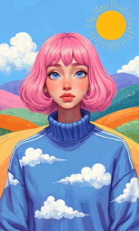 Medium shot digital artwork with a vibrant and illustrative style depicts a young woman centered in the image, her body is positioned facing directly forward and her head is also facing directly forward, her body pose is upright and symmetrical with her arms positioned at her sides, her face is in a full front view, looking directly at the viewer with wide open blue eyes and a neutral expression, her hands are not visible, the image is made of smooth, bold lines and flat, vibrant colors with soft shadows to add depth, the woman's pink hair is styled in a voluminous bob that frames her face, the hair is thick and wavy, particularly around her cheeks and jawline, creating a soft and rounded silhouette, her face shows stylized features with large, round blue eyes, a small and subtle nose, and a gentle closed mouth with a hint of pink lipstick, her eyes are large and round with bright blue irises, dark pupils, and prominent white highlights, her hairstyle is a short, voluminous pink bob with rounded ends and straight bangs that reach her eyebrows, her hair color is a vibrant, solid pink, she is wearing a blue sweater with white cloud patterns, the sweater has a high, ribbed, dark blue turtleneck collar and long sleeves, the body of the sweater is light blue with horizontal white stripes and puffy white clouds scattered across it, no accessories are visible, the background is a colorful skyscape, the upper part is a bright blue sky with puffy white clouds, the middle ground shows rolling hills in pastel shades of pink, orange, green, and blue, and the top most sky area is a gradient of dark blue to light blue, with a stylized yellow sun with radiating lines positioned at the upper right corner, bright and even lighting illuminates the scene, casting soft shadows that add dimension to the woman and the background, enhancing the overall cheerful and whimsical nature of the artwork., <lora:FLUX-daubrez-DB4RZ-v2:0.35> DB4RZ, DB4RZ style painting
<lora:aidmaMJ6.1_v0.5_3:0.35> aidmamj6.1, aidmamj6
 <lora:samdoesarts:0.35>