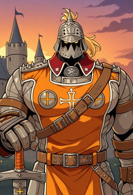 masterpiece, best quality, 1boy, male focus, <lora:pot_ill:1> ggstpot, muscular male, helmet, armor, orange tabard, gauntlets, belt, ponytail, yellow eyes, sword, holding sword, medieval, sunset, castle