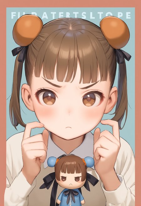 1girl, 
murata range, 
frown, closed mouth, zipper, holding, hair bun, bun cover, shirt, double bun, english text, upper body, blunt bangs, :<, holding doll, collared shirt, looking at viewer, border, solo, hands up, v-shaped eyebrows, ribbon, blush, doll, long sleeves, neck ribbon, doll head, two side up, character doll, blue background, chibi, black ribbon, brown eyes, red border, brown hair, 
masterpiece, best quality, newest,  safe
 <lora:murata_range_image737_2024-03-28_a31:1>