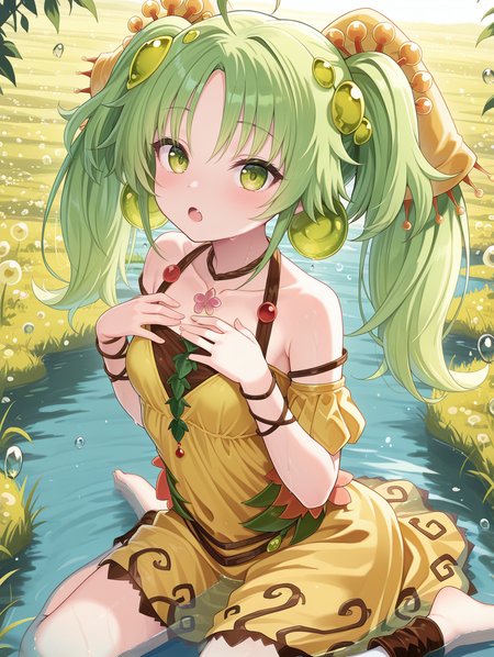 traptrix sera,1girl,solo,sitting,looking at viewer,wariza,barefoot,open mouth,blush,collarbone,white plant,water drop,water,grass,fang,:o,outdoors,plant,small breasts,hands up,yellow hair ornament,green ball earrings,brown choker,brown crop top,yellow strapless dress,yellow puffy short sleeves,brown bracelet,brown anklet,hands on own chest,wading,
masterpiece,best quality,amazing quality,very aesthetic,absurdres,newest,<lora:Traptrix Sera illuXL v1:0.7>,