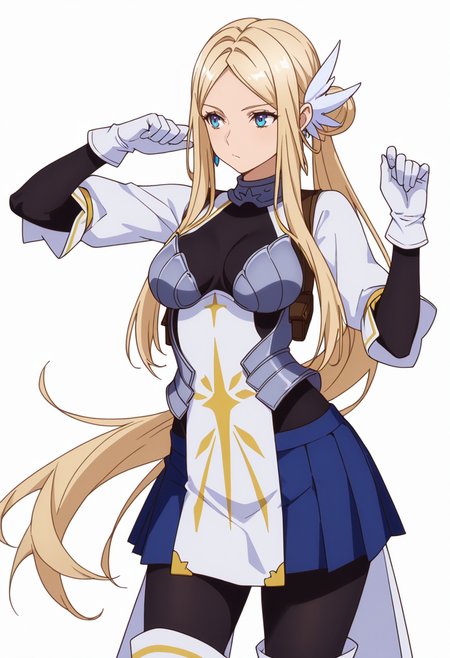 Smooth Quality,masterpiece,very intricate, high quality details, ultra realistic, high detailed skin,detailed enviorement,absurdres,
simple background, white background, dancing, solo,front view,
 <lora:Krishna_CNR:0.8> krishna_cnr, 1girl,blonde hair,very long hair,single hair bun, sidelocks, parted bangs, blue eyes, breasts,white hair ornament, earrings,armor, breastplate, armored dress, blue skirt, pleated skirt,white gloves, black pantyhose,white thigh boots,, guilt,, :/,