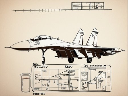 <lora:Su-27_Illustrious:1.1>,su-27 fighter jet, hand‑drawn technical blueprint on aged parchment, sepia ink lines, detailed cross‑sections, measurement annotations, faint coffee stains, vintage engineering aesthetic, scanned document look, masterpiece, best quality, amazing quality