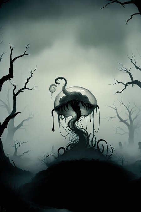 <lora:DonMGl00myN1gh7m4r3XL:1> DonMGl00myN1gh7m4r3XL, Dark, Cimmerian, Crepuscular, Dim, Dreary, Dusky, Eerie, Funereal, Gloomy, Murky, Obscure, Opaque, Penumbra, Sombre, Shadowy, Shady, Somber, Stygian, Tenebrous, Twilight, Umbral, score_9, score_8_up, score_7_up, score_6_up, score_5_up, score_4_up, <lora:wizardslimev15-t:1> wizardslimus, slime skin, transparent head, transparent body, transparent hair, transparent face, transparent, slime girl, <lora:030483P:0.8> 030483P, woman, 24 years old, <lora:Breast Slider - Pony_alpha1.0_rank4_noxattn_last:0.4>, <lora:GRIM_v1:1>  greyscale, monochrome, limited palette, horror (theme), eldritch abomination, chaotic, silhouette,