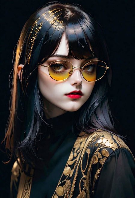 1girl reflective glasses
bangs
long hair
    shadows, 
  Gradient mastery, ink, gold decorations and alcohol ink elements.
(Alessio Albi)   contemporary, fashion, photography, photography-color, portraits